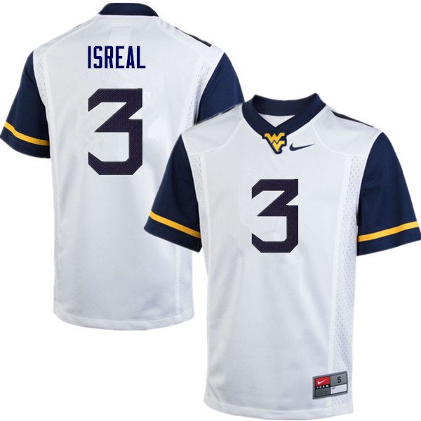Men #3 David Isreal West Virginia Mountaineers College Football Jerseys Sale-White - Click Image to Close